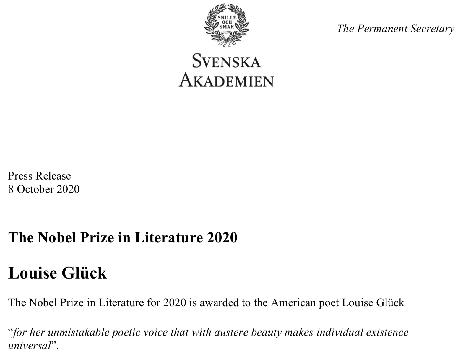 Nobel announcement about Gluck's prize for literature Alt text