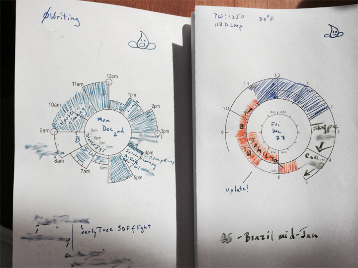Left: an early tracking page. Right: current style tracking page. Still figuring out how I want to use color to emphasize various times during the day.
