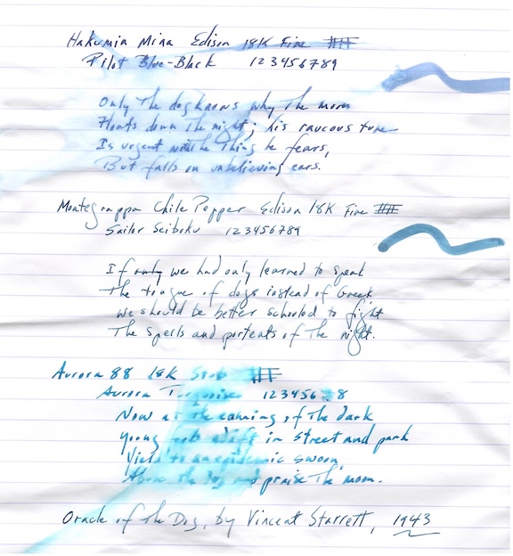 water splashed over Pilot Blue-Black and Sailor Seiboku and Aurora Turquoise. Only Sailor Seiboku is unaffected.